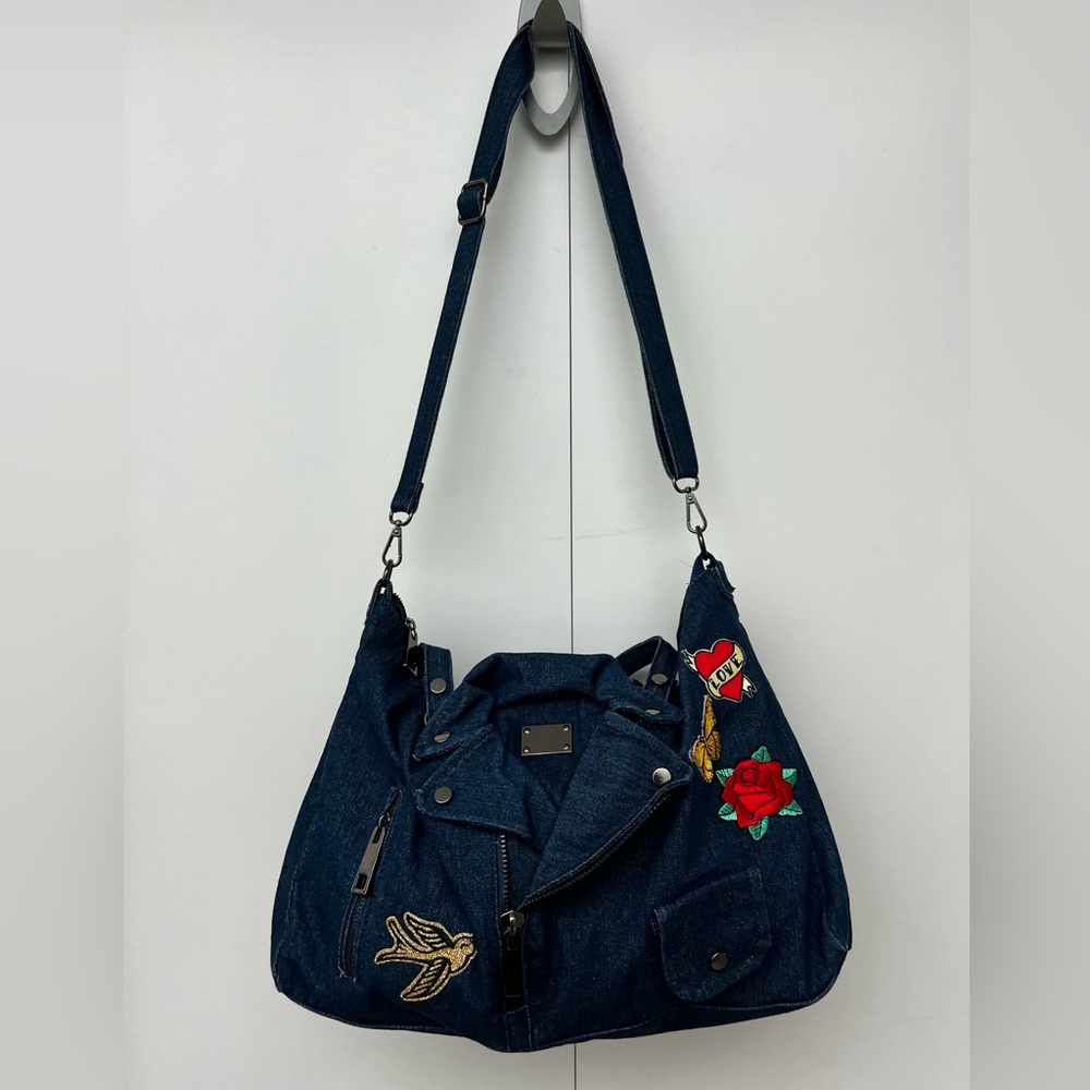 Stylish Denim Shoulder Bag with Embroidered Patches - Picture 3 of 13